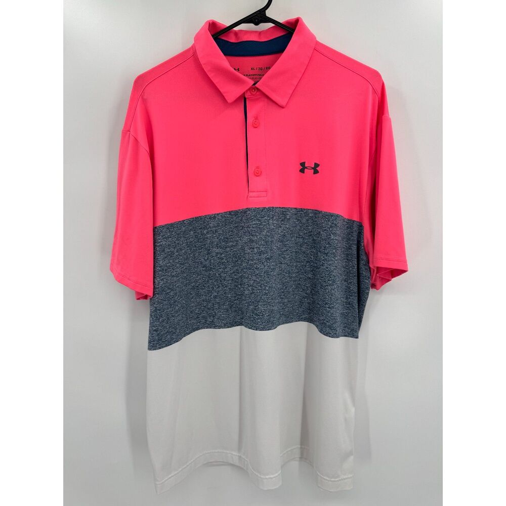 UNDER ARMOUR Pink White Striped Color Block Golf Playoff Polo Size XL